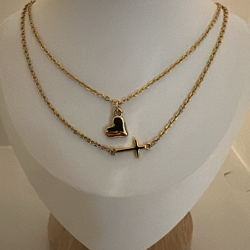 Gold Layered Heart and Cross Necklace